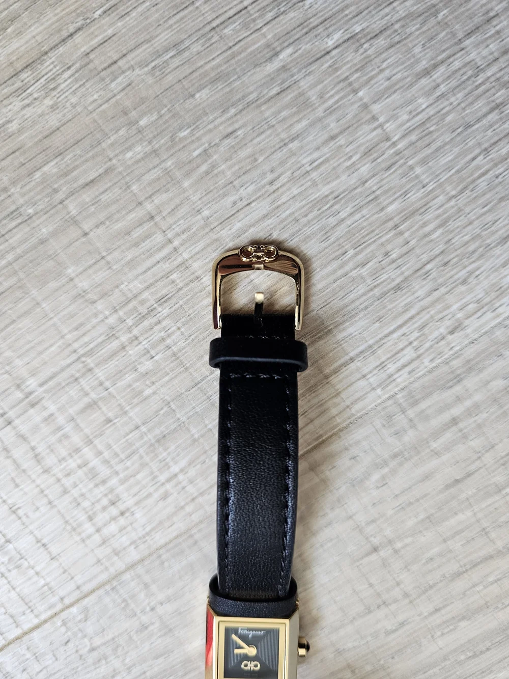 NIB Salvatore Ferragamo Black and Gold Leather Watch